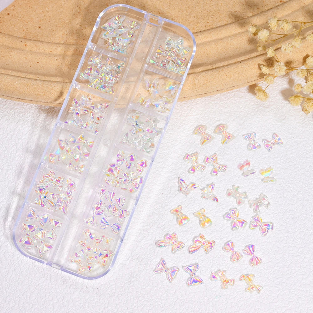 12Grids-Box Mixed 3d Alloy Hollow Butterfly Nail Charms With Mini Acrylic Flower+Round Diamond Nail Art DIY Manicure Supplies