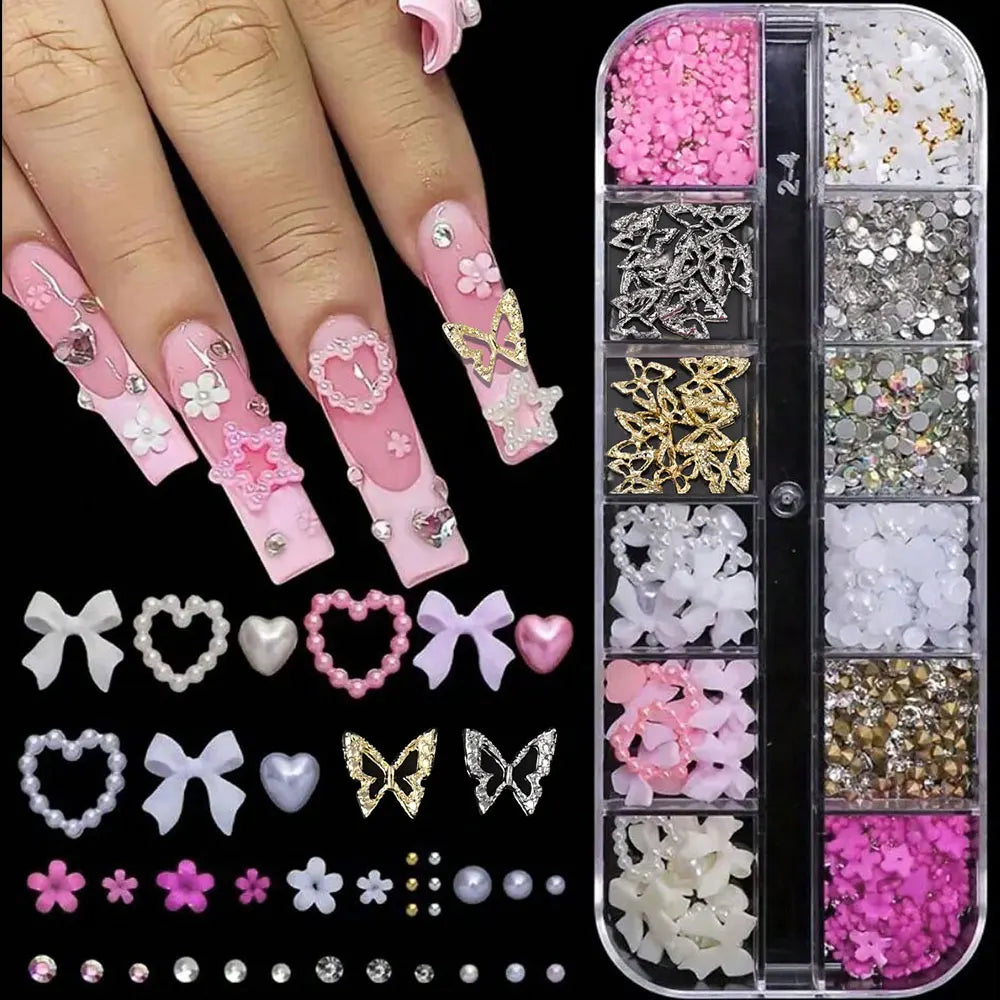 12Grids-Box Mixed 3d Alloy Hollow Butterfly Nail Charms With Mini Acrylic Flower+Round Diamond Nail Art DIY Manicure Supplies