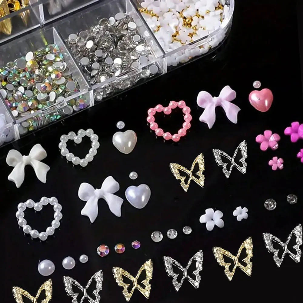 12Grids-Box Mixed 3d Alloy Hollow Butterfly Nail Charms With Mini Acrylic Flower+Round Diamond Nail Art DIY Manicure Supplies