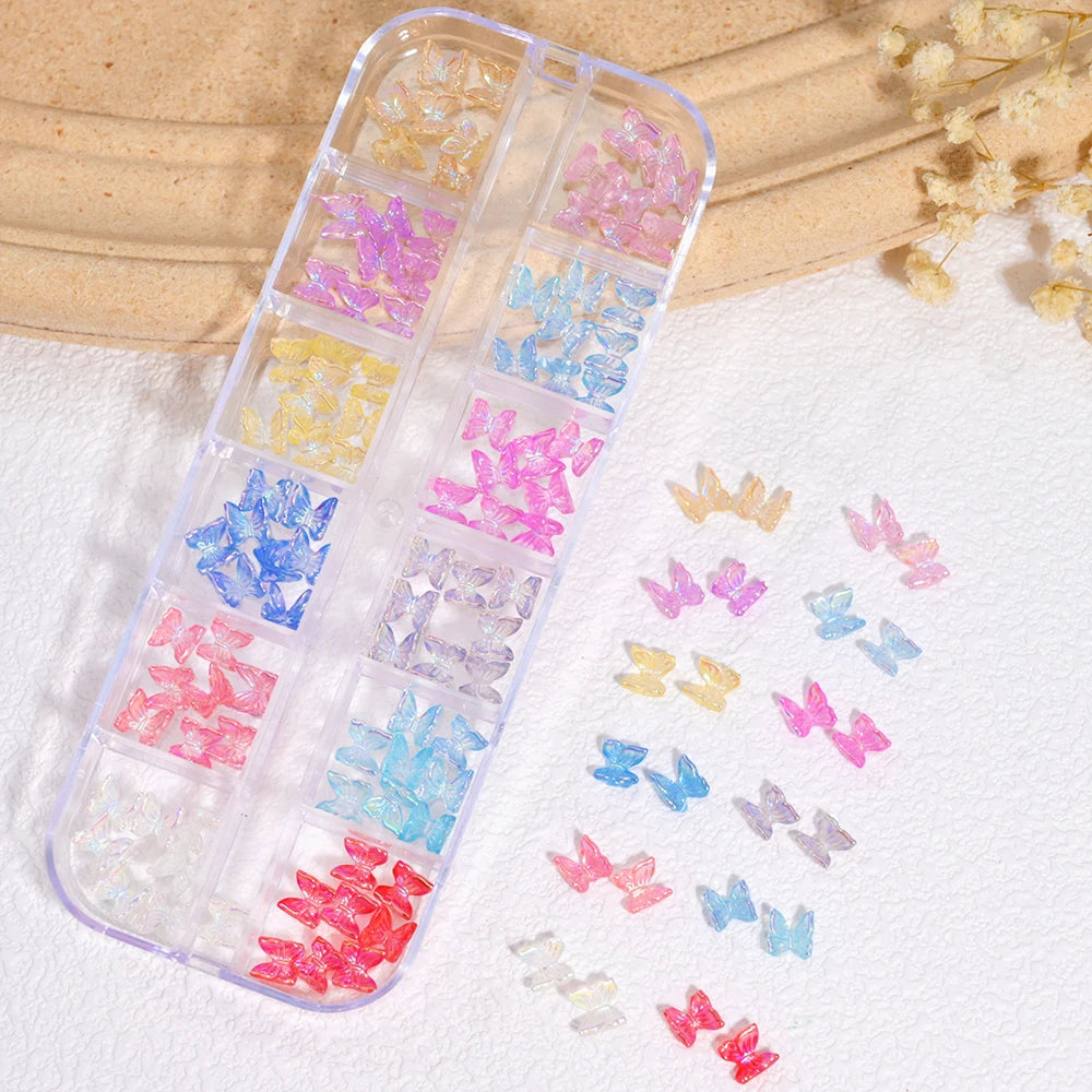 12Grids-Box Mixed 3d Alloy Hollow Butterfly Nail Charms With Mini Acrylic Flower+Round Diamond Nail Art DIY Manicure Supplies