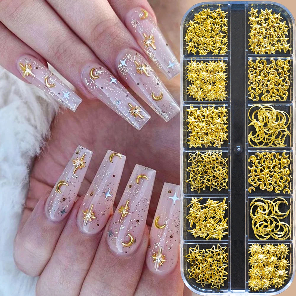 12Grids-Box Mixed 3d Alloy Hollow Butterfly Nail Charms With Mini Acrylic Flower+Round Diamond Nail Art DIY Manicure Supplies