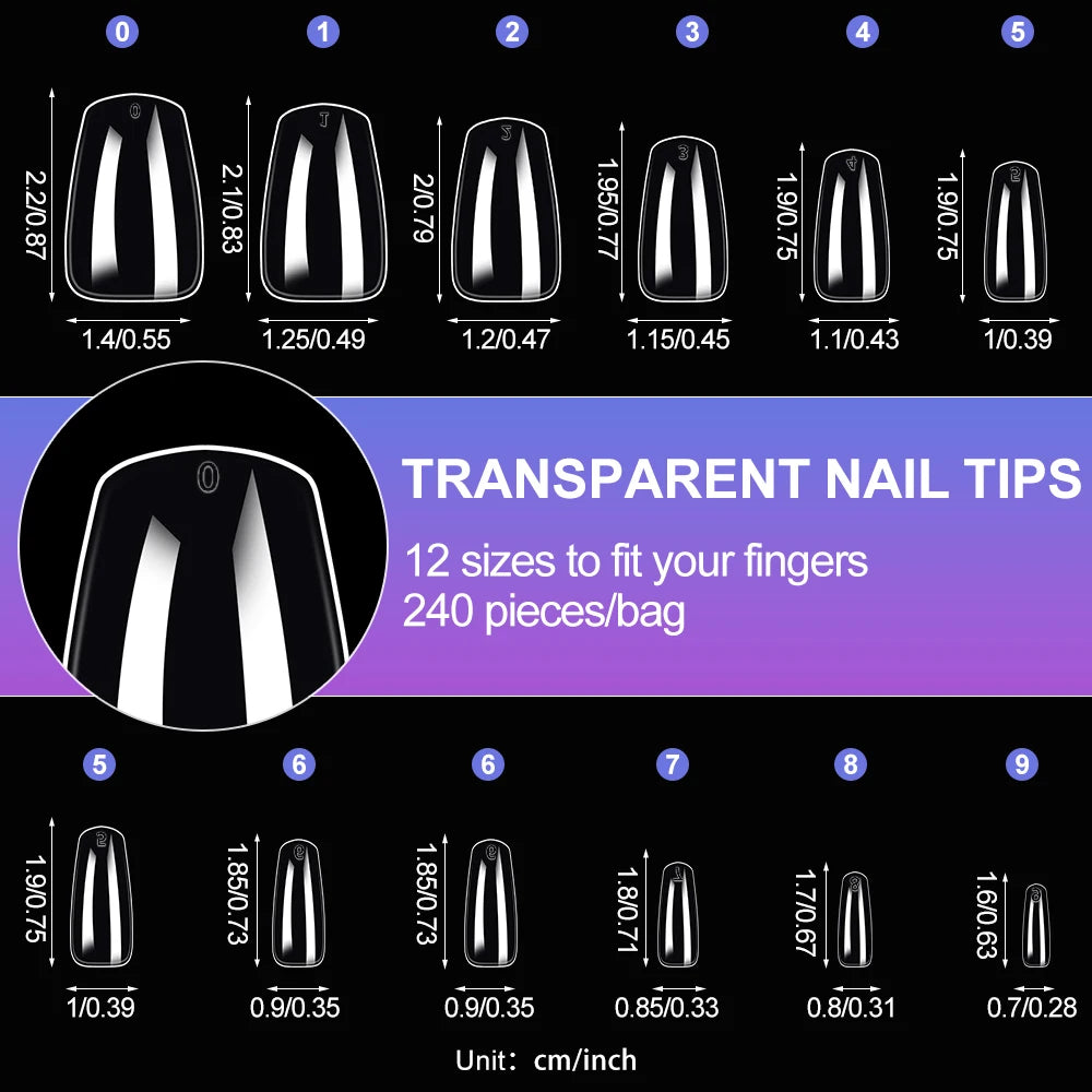 120pcs Clear Coffin/Oval/Square Fake Nail Tips 12 Sizes Soak Off Soft Gel Nail Tips Extension Professional Acrylic Press On Nail