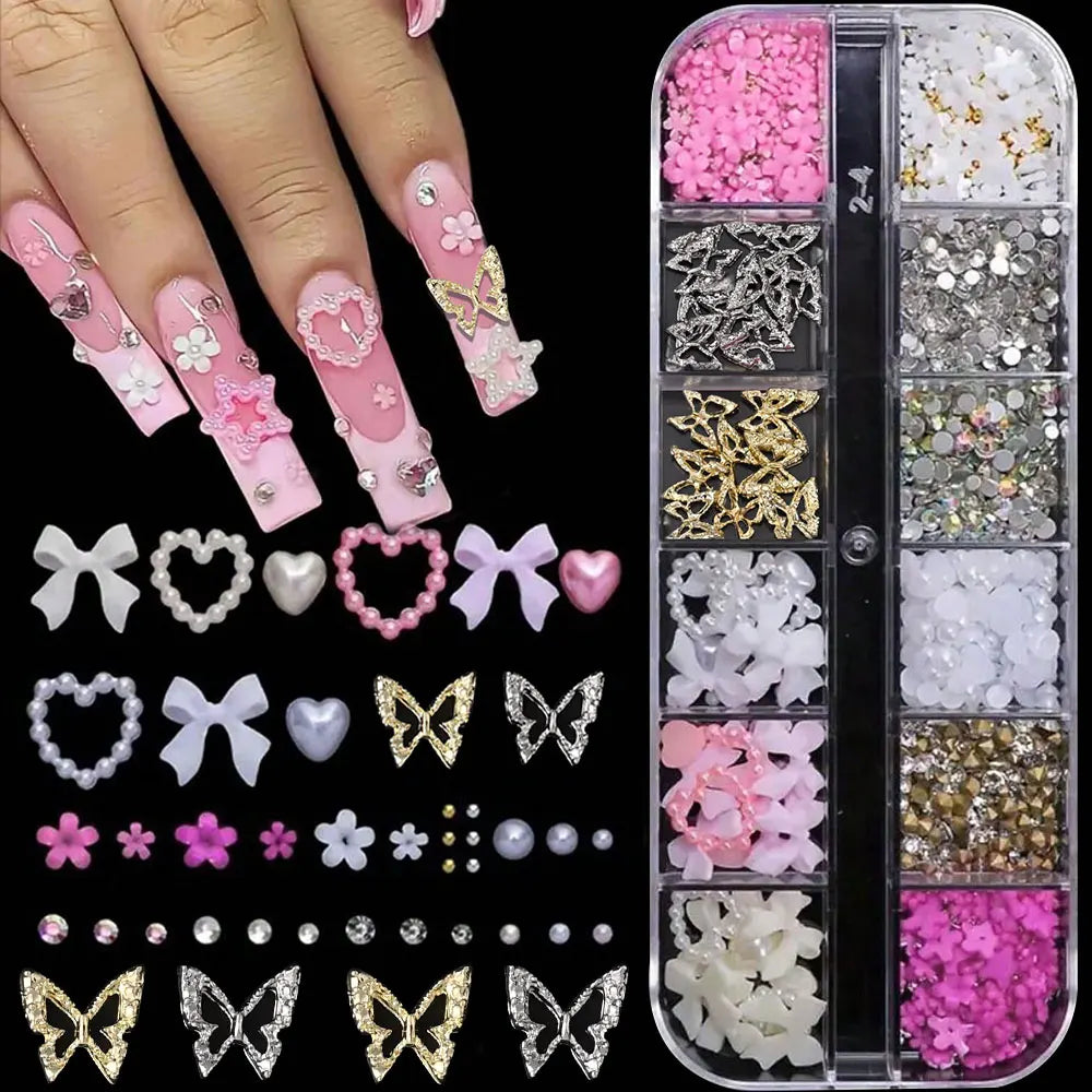 12Grids-Box Mixed 3d Alloy Hollow Butterfly Nail Charms With Mini Acrylic Flower+Round Diamond Nail Art DIY Manicure Supplies