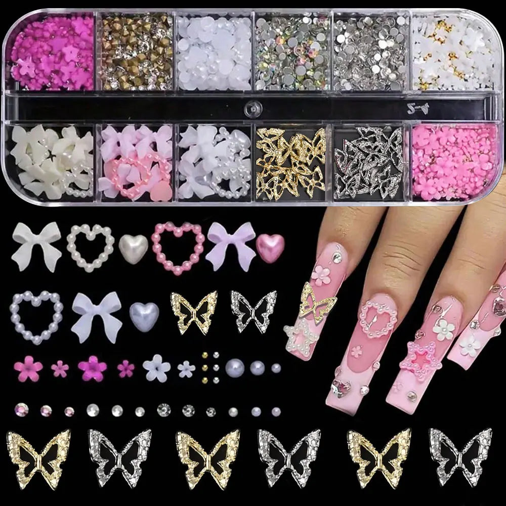 12Grids-Box Mixed 3d Alloy Hollow Butterfly Nail Charms With Mini Acrylic Flower+Round Diamond Nail Art DIY Manicure Supplies
