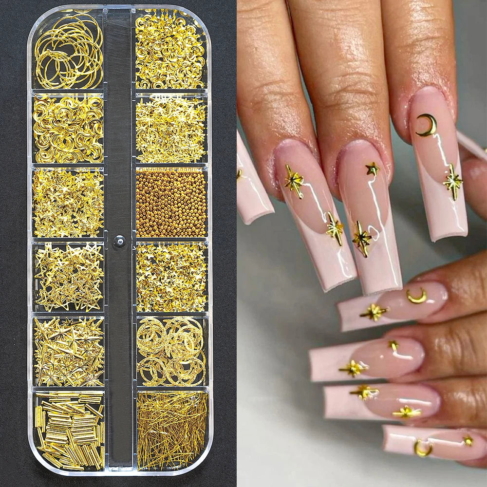 12Grids-Box Mixed 3d Alloy Hollow Butterfly Nail Charms With Mini Acrylic Flower+Round Diamond Nail Art DIY Manicure Supplies