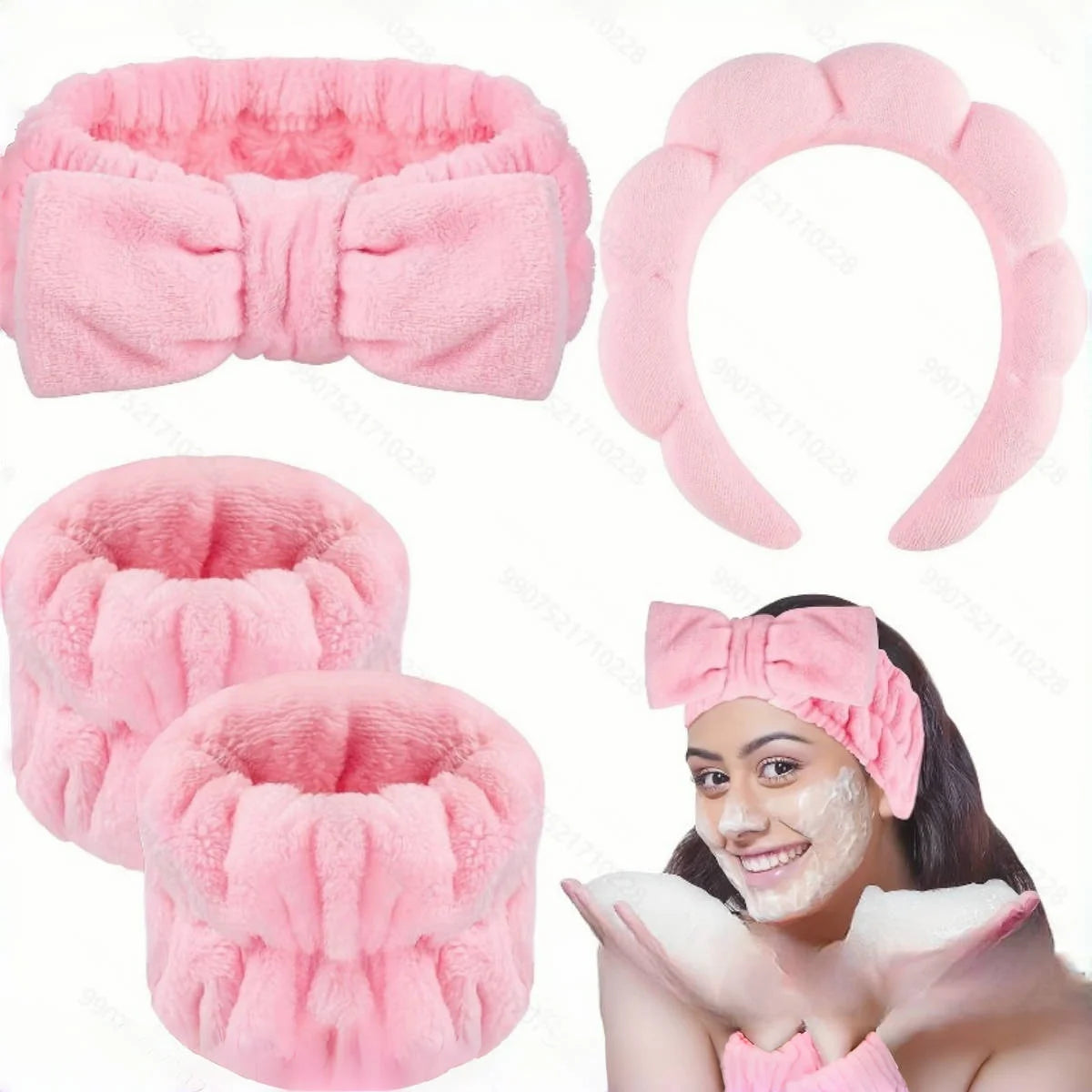 4PCS Stylish Washing Headband Set Wristbands Scrunchies Spa Bubble Headband for Washing Face Makeup Shower Skincare