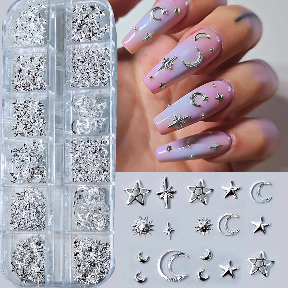 12Grids-Box Mixed 3d Alloy Hollow Butterfly Nail Charms With Mini Acrylic Flower+Round Diamond Nail Art DIY Manicure Supplies