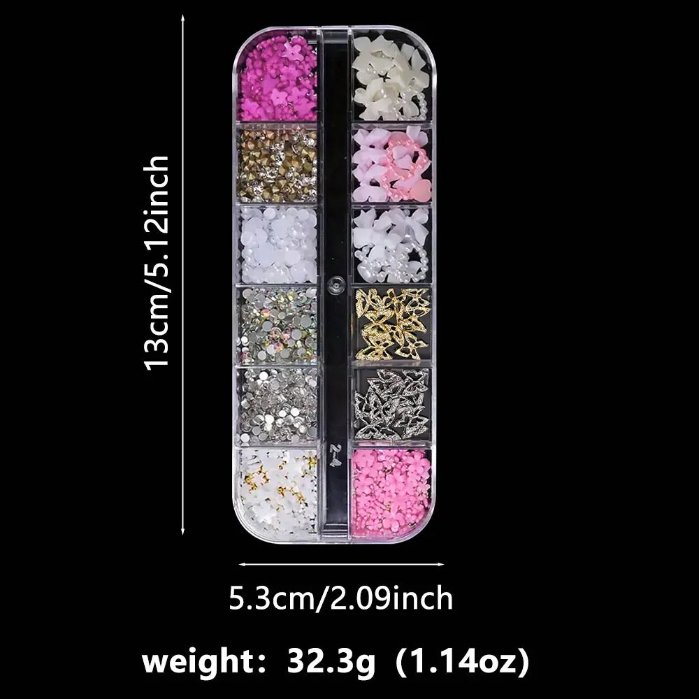 12Grids-Box Mixed 3d Alloy Hollow Butterfly Nail Charms With Mini Acrylic Flower+Round Diamond Nail Art DIY Manicure Supplies