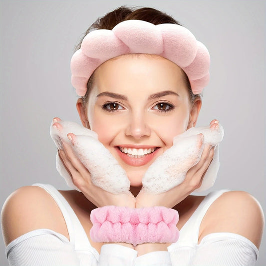 4PCS Stylish Washing Headband Set Wristbands Scrunchies Spa Bubble Headband for Washing Face Makeup Shower Skincare