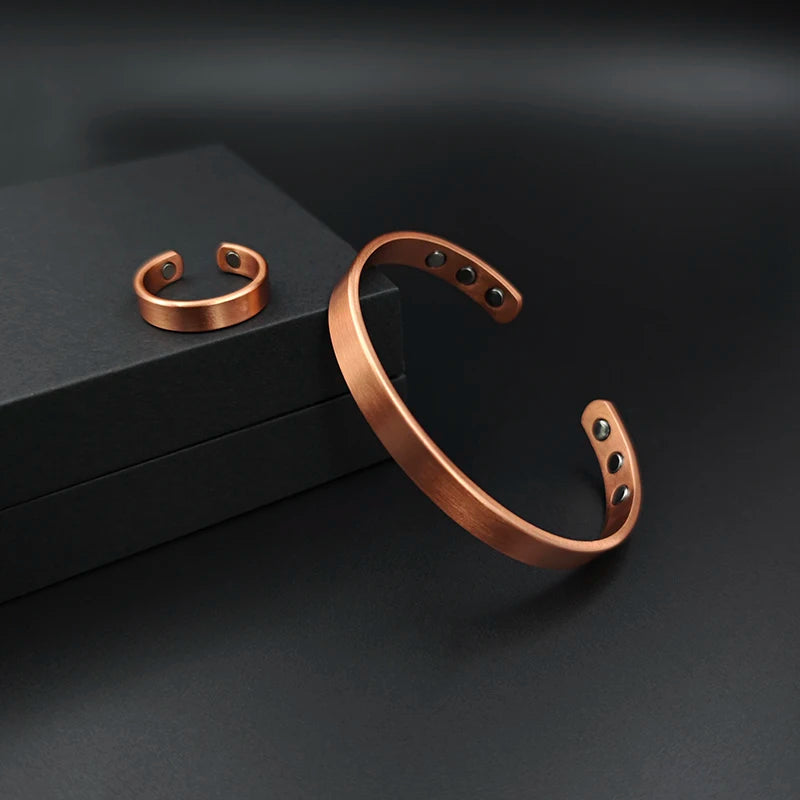 Simple Jewelry Set Pure Copper Bracelet Rings Cuff Magnetic Bangles For Women Men Arthritis Health Solid Copper Jewelry