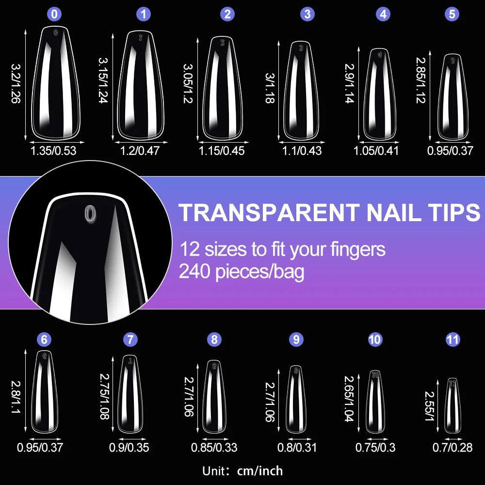120pcs Clear Coffin/Oval/Square Fake Nail Tips 12 Sizes Soak Off Soft Gel Nail Tips Extension Professional Acrylic Press On Nail