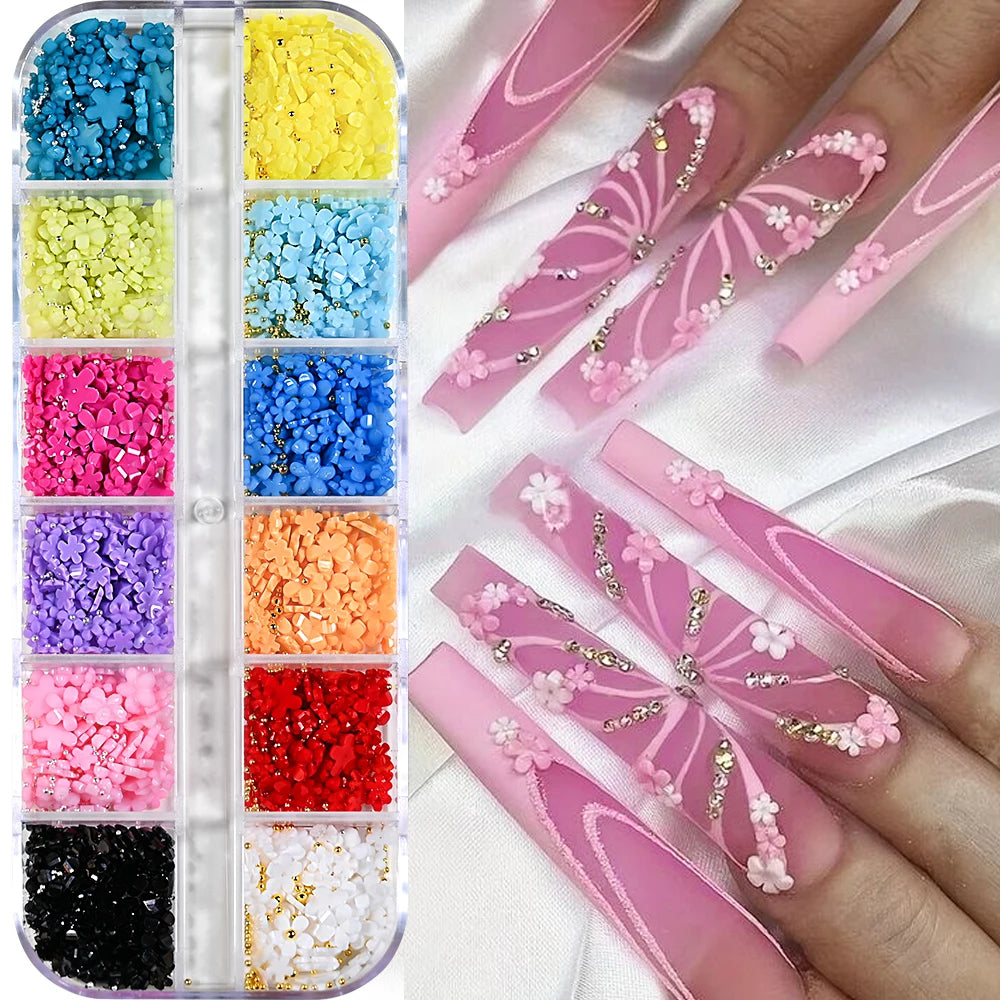 12Grids-Box Mixed 3d Alloy Hollow Butterfly Nail Charms With Mini Acrylic Flower+Round Diamond Nail Art DIY Manicure Supplies