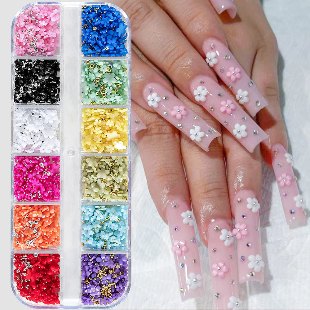 12Grids-Box Mixed 3d Alloy Hollow Butterfly Nail Charms With Mini Acrylic Flower+Round Diamond Nail Art DIY Manicure Supplies