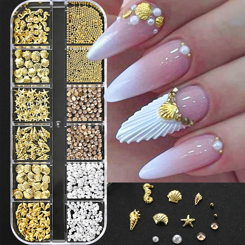 12Grids-Box Mixed 3d Alloy Hollow Butterfly Nail Charms With Mini Acrylic Flower+Round Diamond Nail Art DIY Manicure Supplies