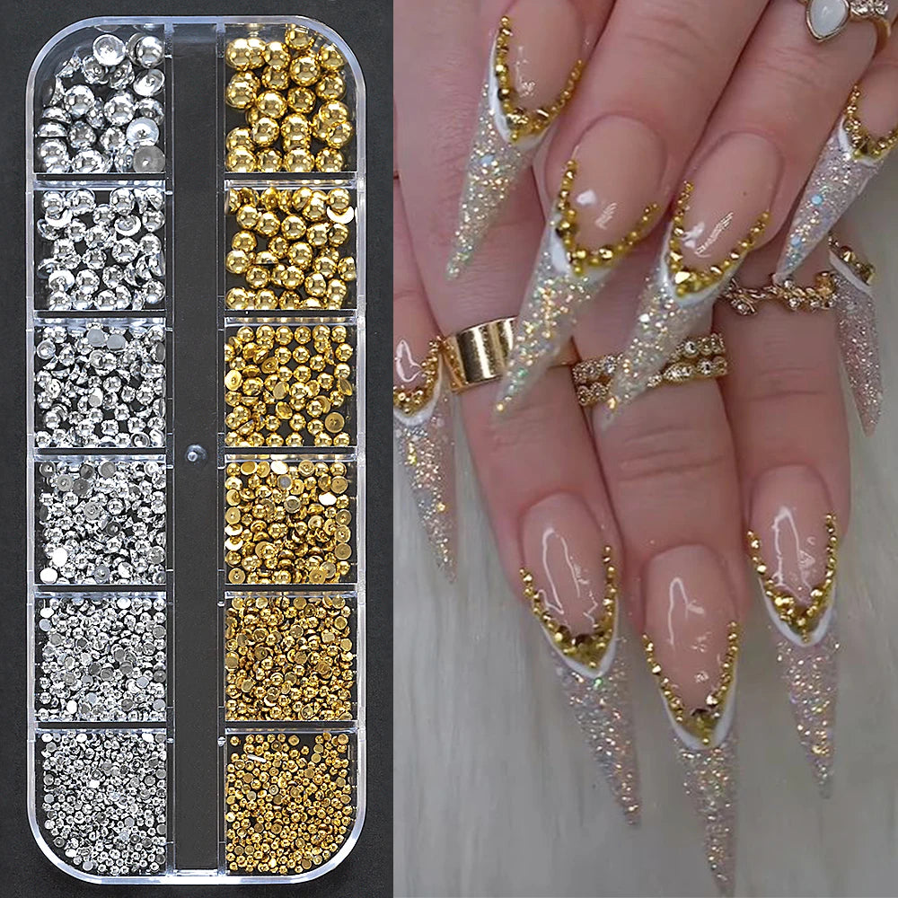 12Grids-Box Mixed 3d Alloy Hollow Butterfly Nail Charms With Mini Acrylic Flower+Round Diamond Nail Art DIY Manicure Supplies