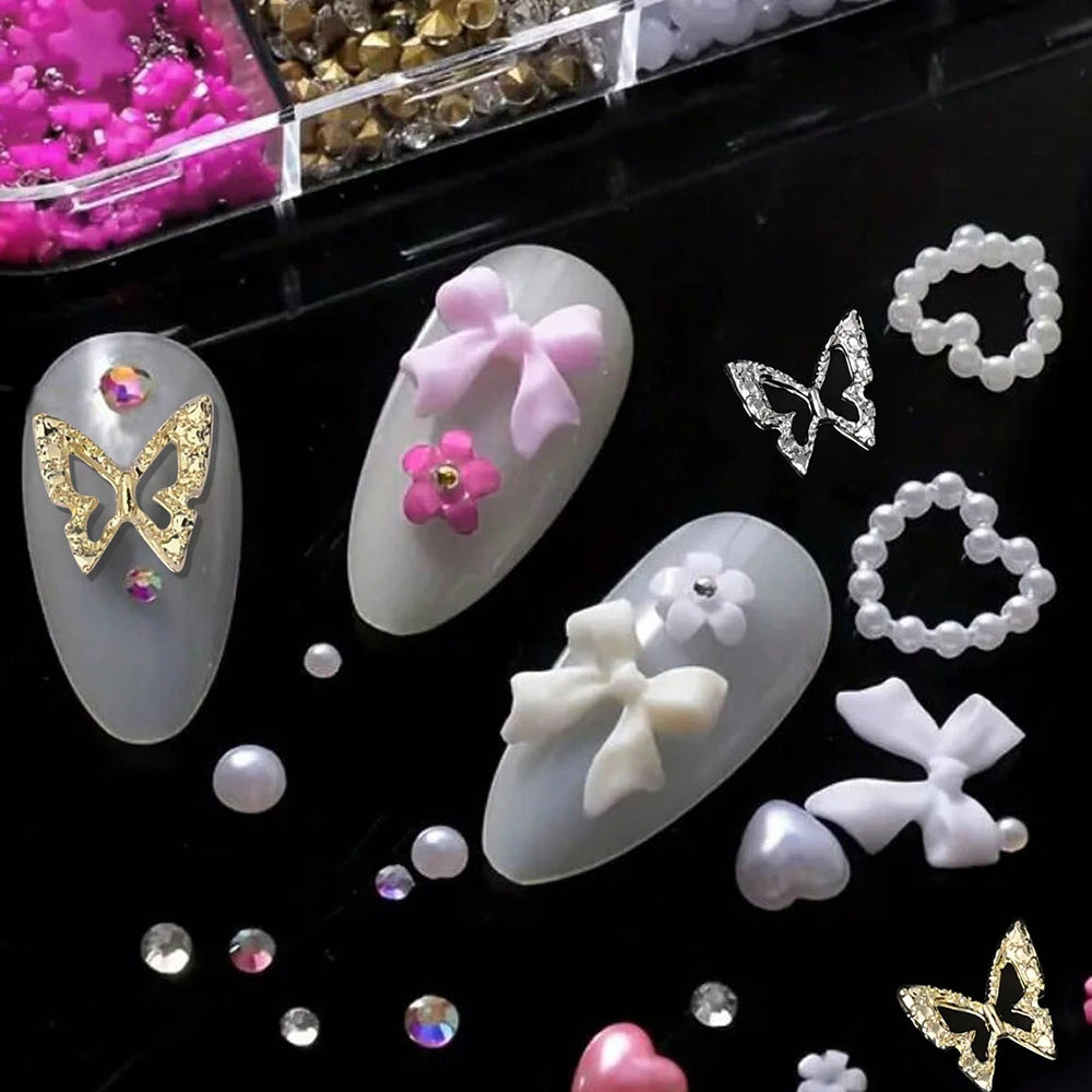 12Grids-Box Mixed 3d Alloy Hollow Butterfly Nail Charms With Mini Acrylic Flower+Round Diamond Nail Art DIY Manicure Supplies
