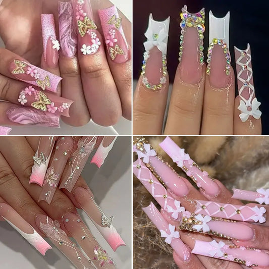 12Grids-Box Mixed 3d Alloy Hollow Butterfly Nail Charms With Mini Acrylic Flower+Round Diamond Nail Art DIY Manicure Supplies